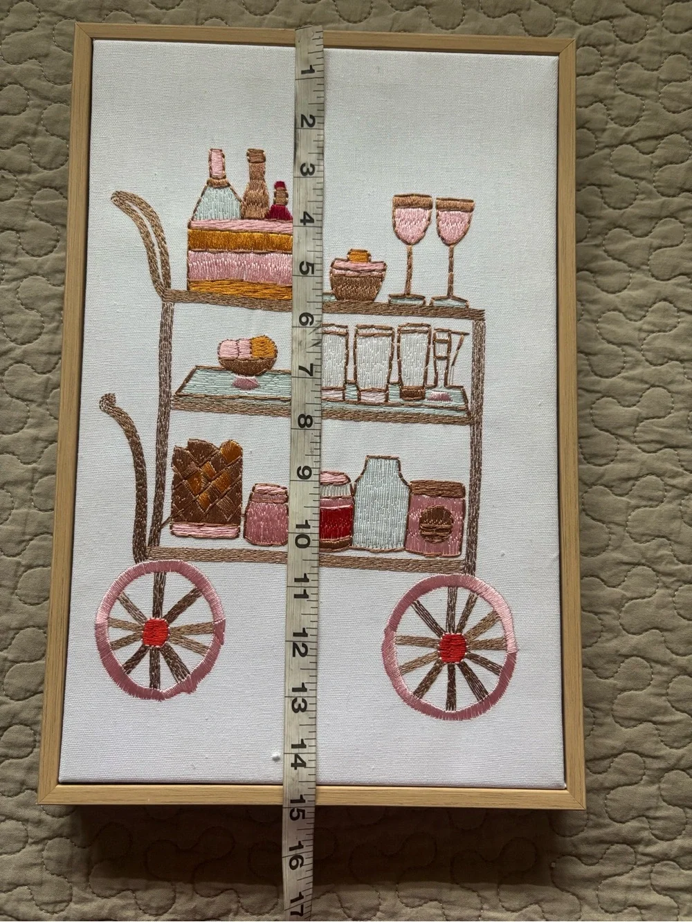 Embroidered Beverage Cart Wall Art - Pink and Brown
